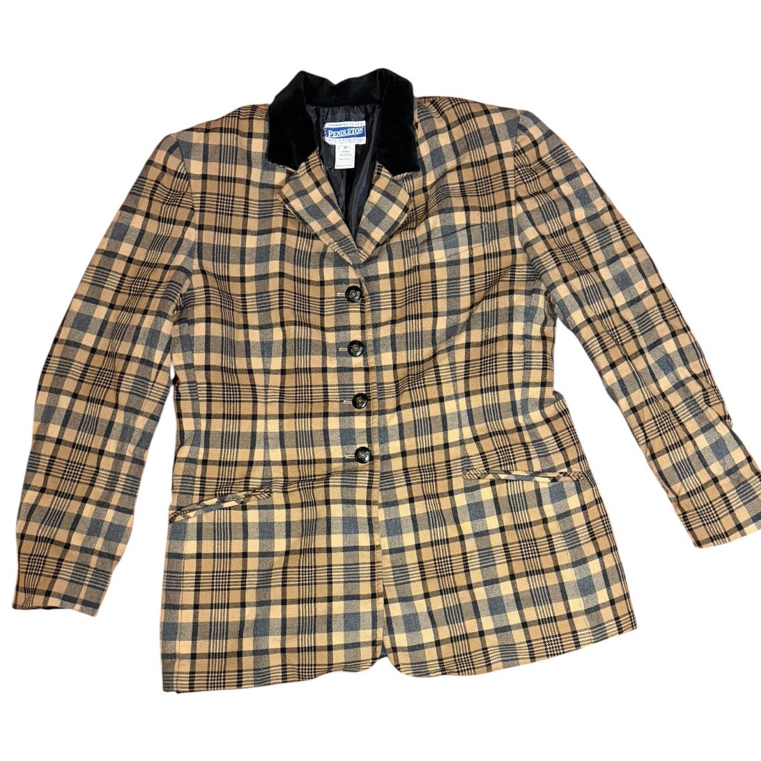 Pendleton Women's Wool Blazer Plaid Jacket Sz 10 Velvet Trim Equestrian Academia